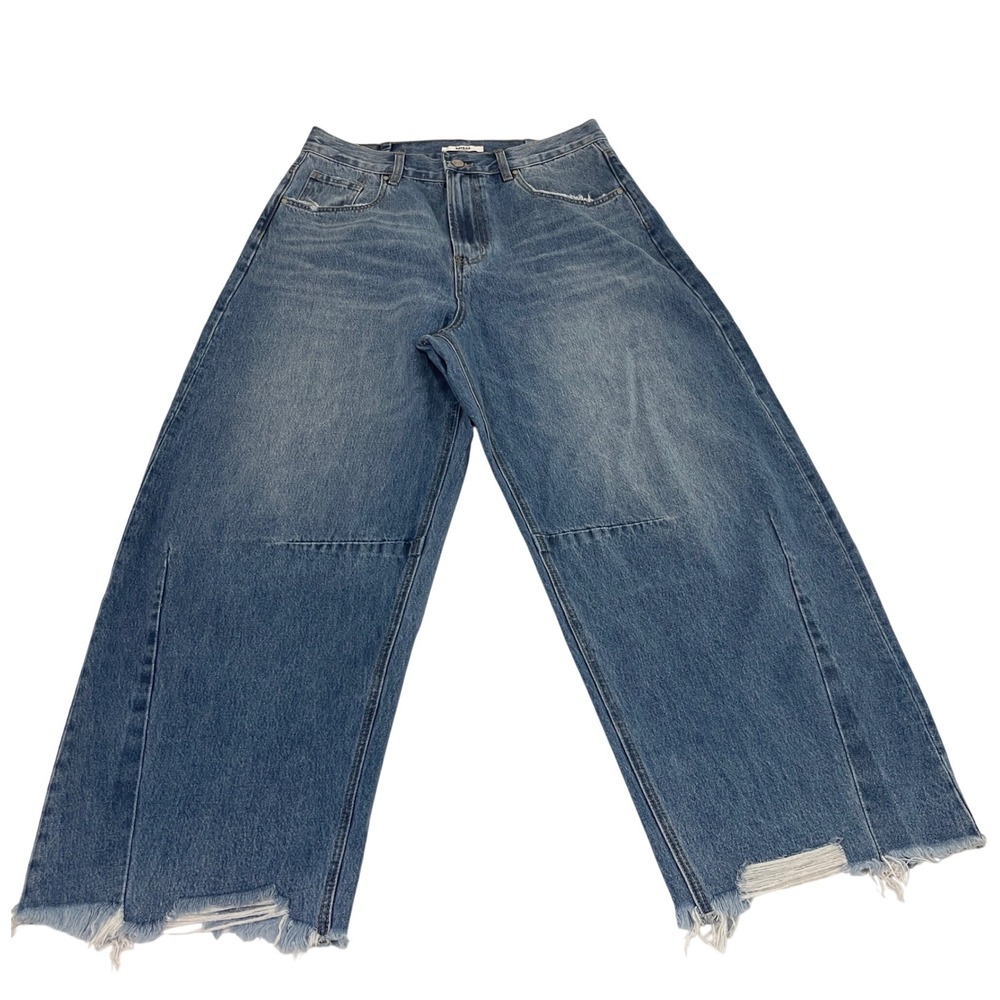 BAYEAS Frayed Hems Drop Crotch Barrel Jeans 31 Distressed Wide Leg‎ Blue Denim